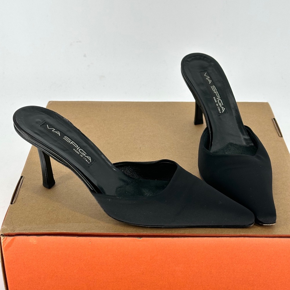 Via Spiga Black Pointed Mule 3"Heel Italy Made Chic Minimalist Classic 8.5 M